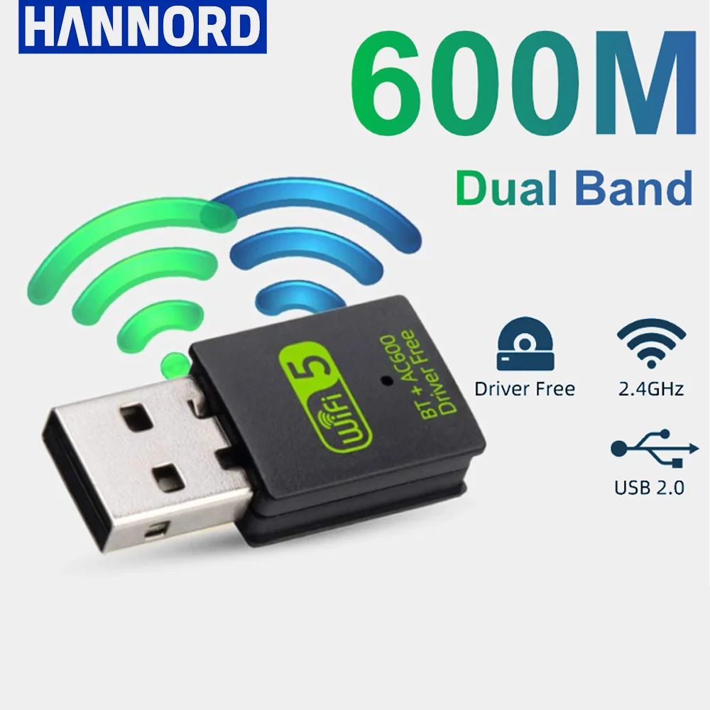 Двухдиапазонный USB Wi-Fi Bluetooth адаптер Hannord 2 в 1 600 Мбит/с 4/5 ГГц Бесплатный привод
