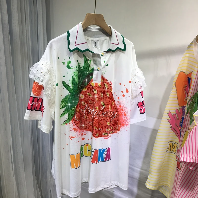 

Strawberry Print Hot Drilling Short Sleeve Women Blouse Turn-down Collar Pullover Top Mid-long Patchwork Lace White Loose Shirt