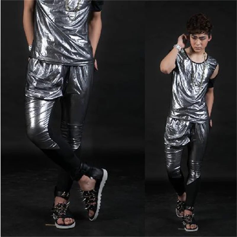 Gold Silver Singer costumes PU faux leather pants for the mens 1 pants man stage trousers mens pants splice Provide custom