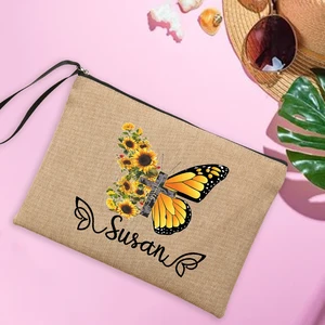 Imported Custom Name Women's Linen Makeup Bag Personalised Butterfly Travel  Clutch Bags Beach Sunglasses Sun