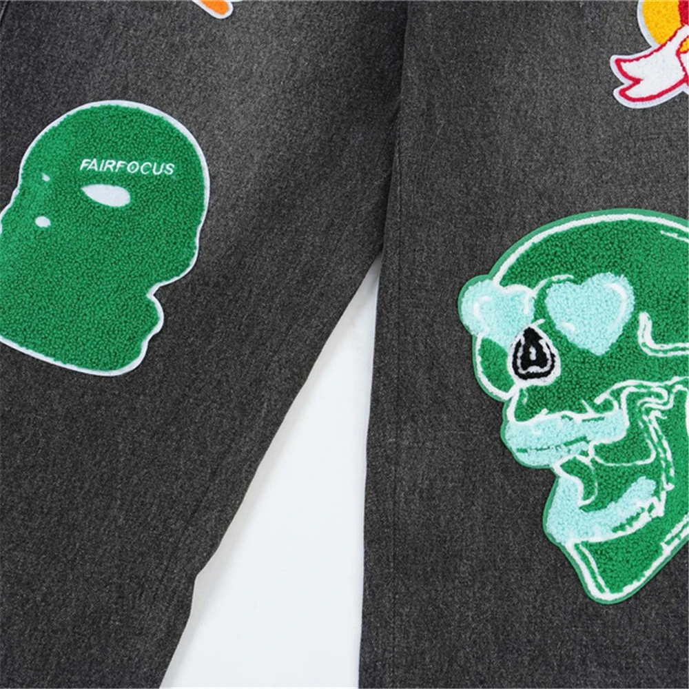 Men Hip Hop Denim Pants Jeans Streetwear Embroidery Skull Cartoon Denim Trousers Harajuku Funny Jeans Baggy Pants