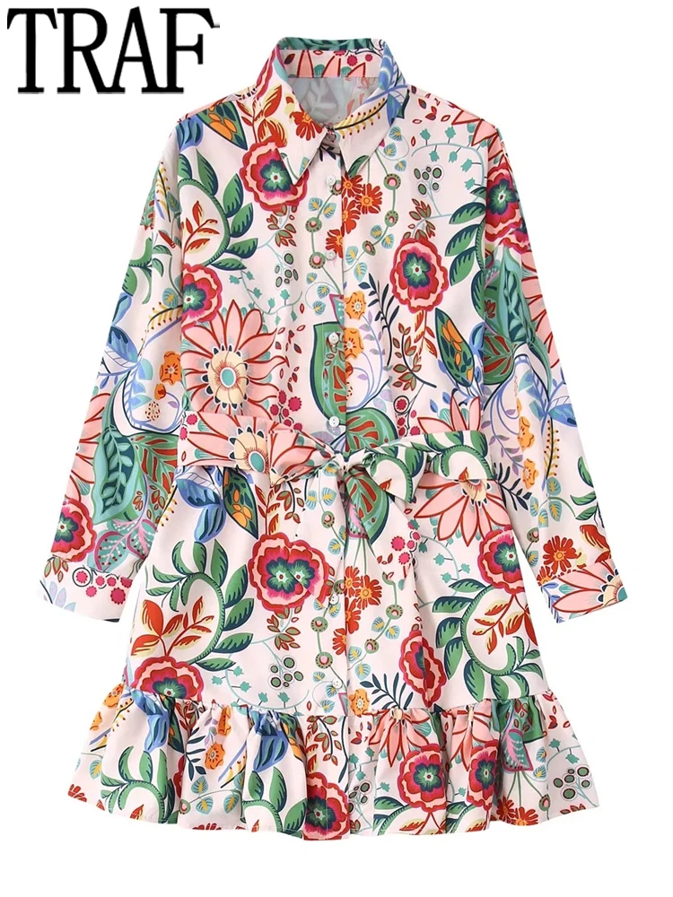 

Платье-рубашка летнее короткое с цветочным принтом и длинным рукавом