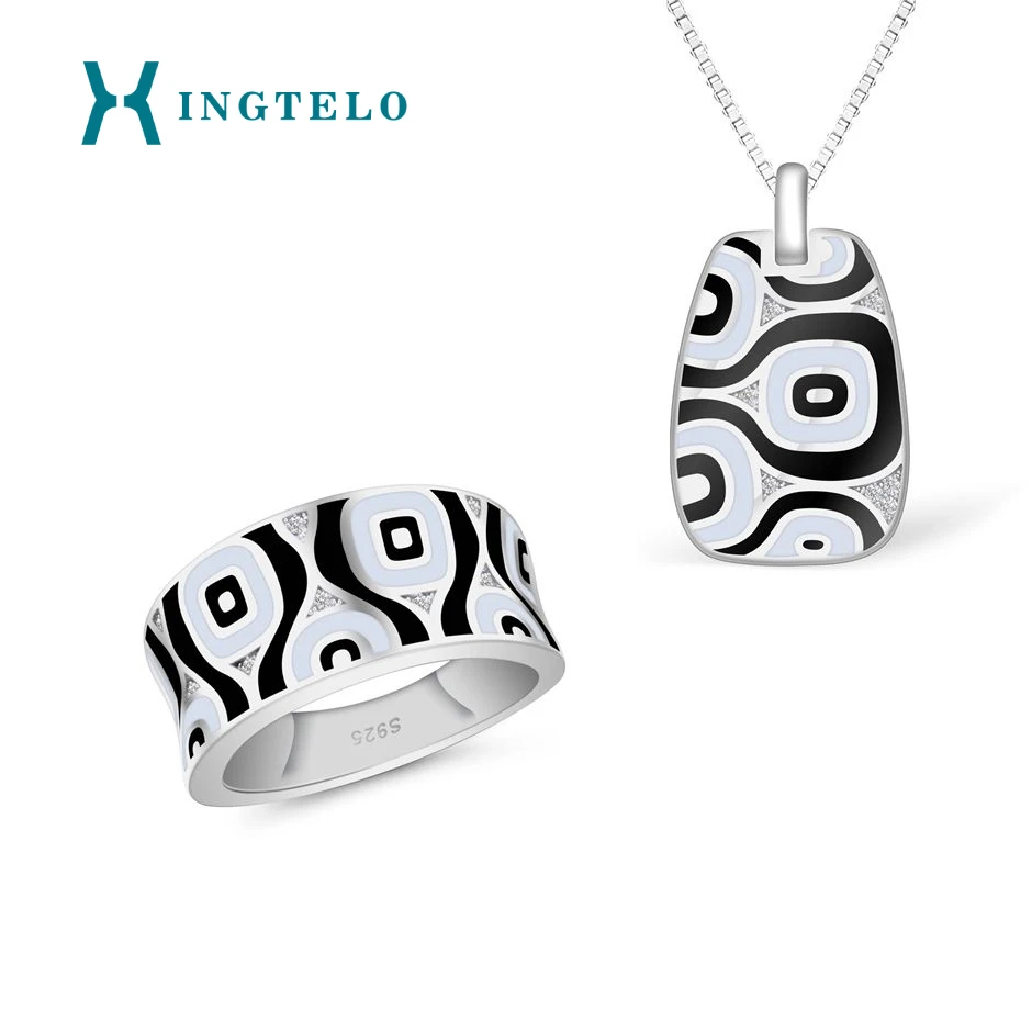 

XINGTELO Silver Ring Pendant Chain for Women 925 Sterling Silver Jewelry Set Enamel Geometric Pattern Inlaid Crystal Jewelry