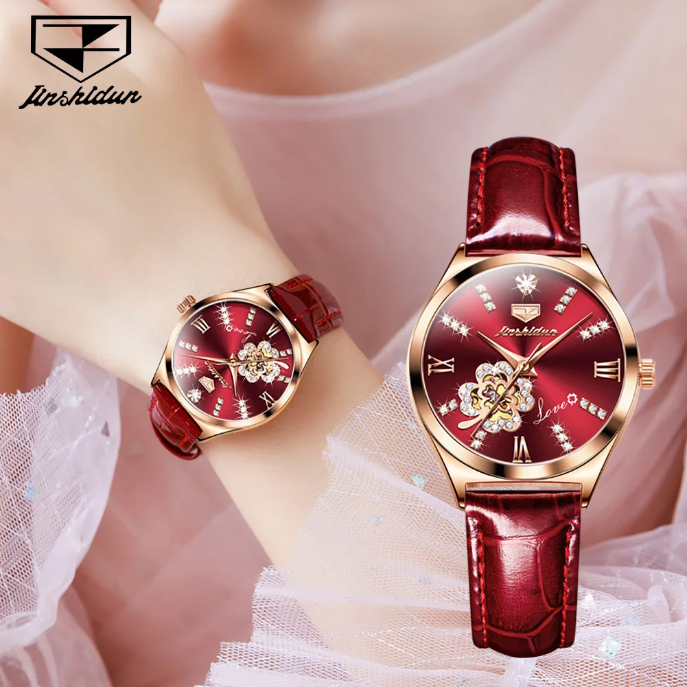 JSDUN Women Luxury Automatic Mechanical Watch Skeleton Design Diamond Wristwtach Leather Strap Ladies Fashion Watch