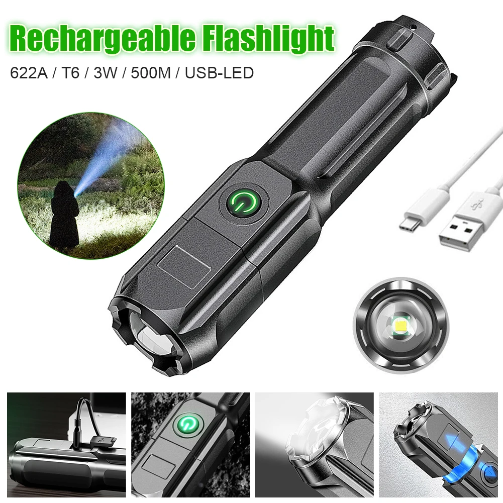

Portable T6 LED Flashlight Powerful Mechanical Zoom Rechargeable Torch Light Waterproof For Outdoor Camping Fishing Emergency