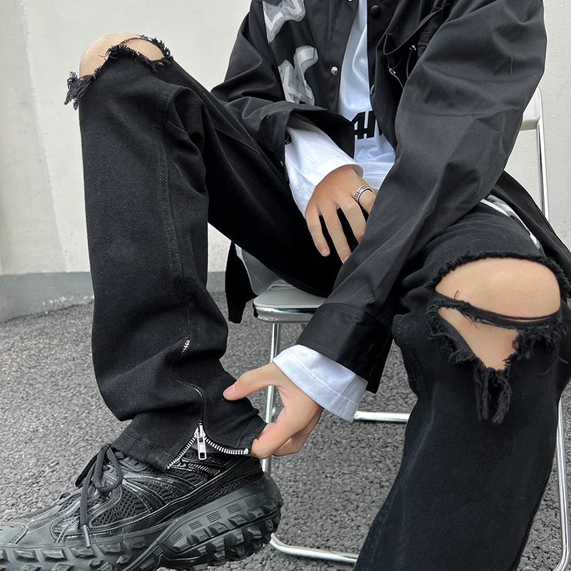 Black Ripped Jeans Men Elastic Fit Fashion Casual Straight Jeans Men Japanese Streetwear Hip-hop Hole Denim Pants Mens Trousers