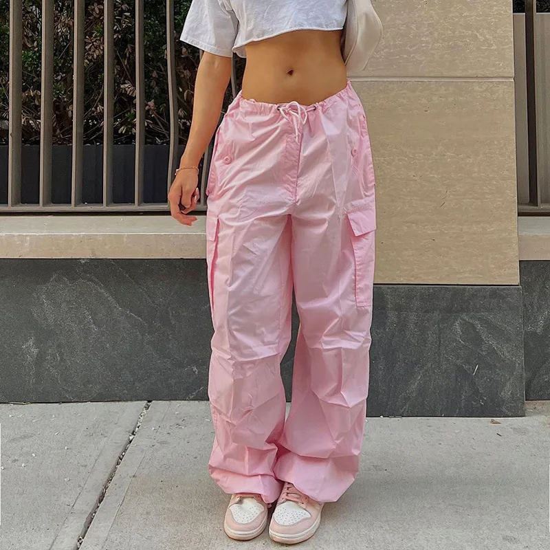 

Women Fashion Cargo Pants Sexy Low Waist Drawstring Loose Hip Pop Casual Trousers with Big Pockets Solid Black Pink White Color