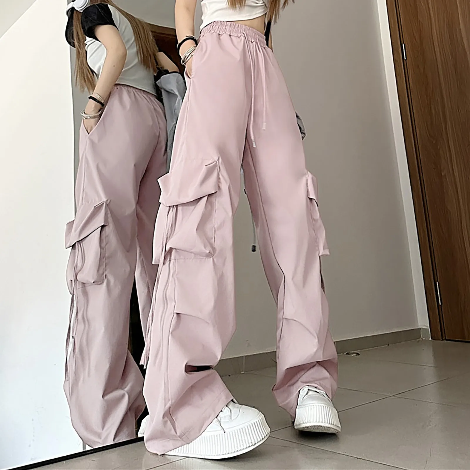 

2023 Cargo Pants Woman Relaxed Fit Baggy Clothes Black Pants High Waist Loose Large Size Slim Drawstring With Pockets Plus