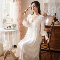 fairy white victorian night dress women spring autumn mesh long sleeve sleepwear princess sexy lace peignoir vintage nightgowns