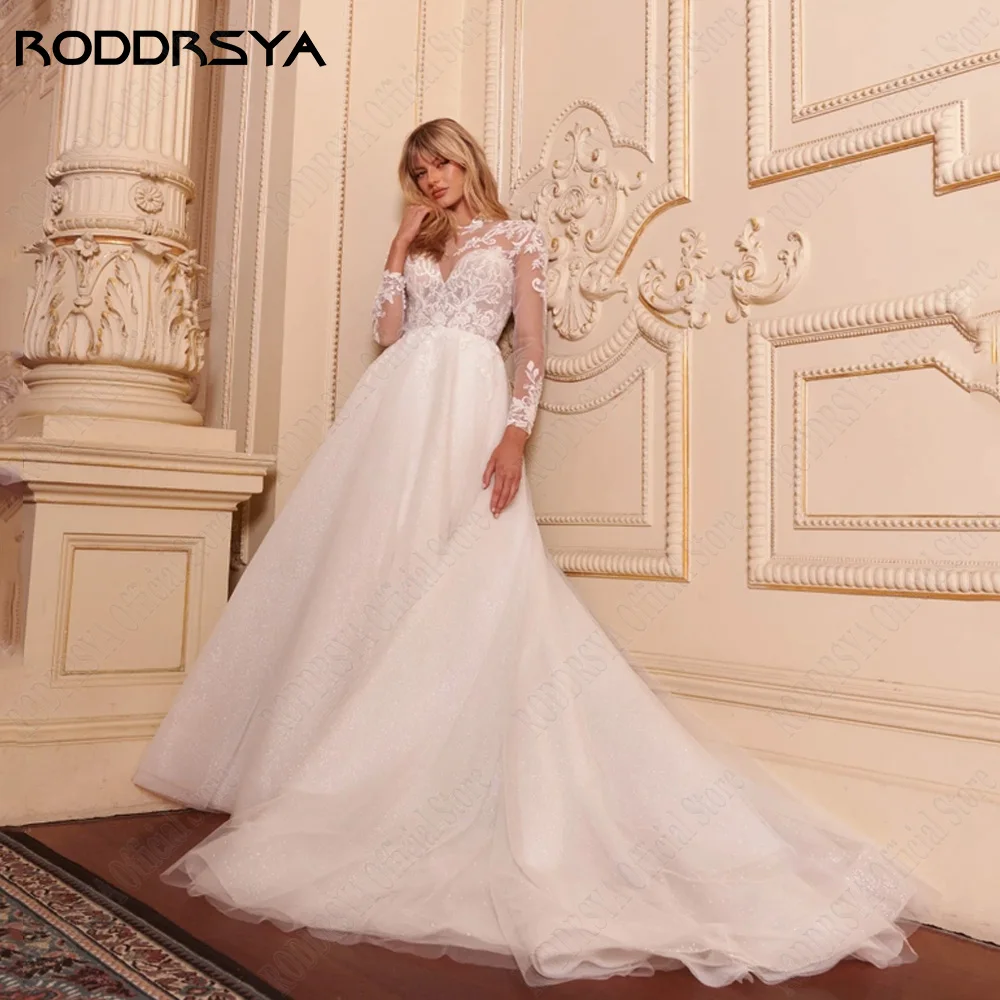 

RODDRSY Romatic Wedding Dress 2024 Illusion Back Bride Gowns Exquisite Lace Applique A-Line Long Sleeves vestido de noiva 2024