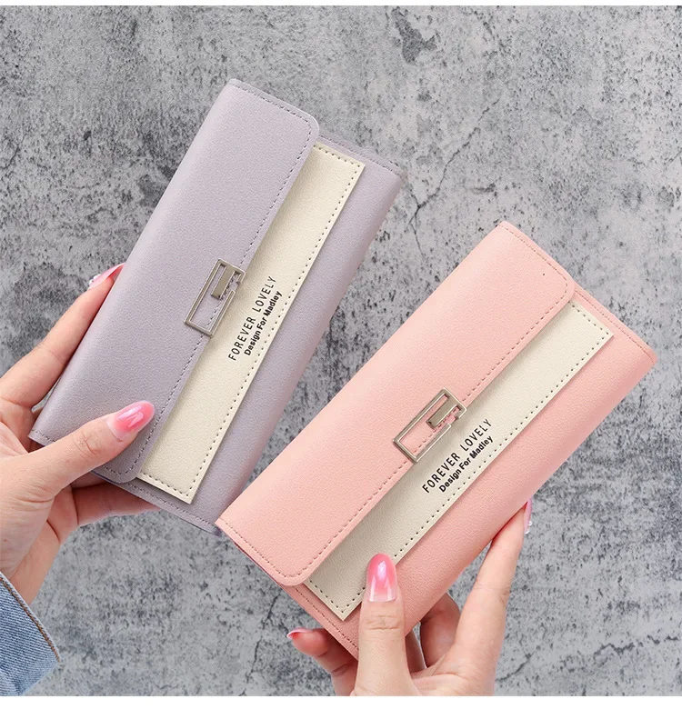 

Женский Длинный кошелек с открытыми плечами, ярко-розовый многофункциональный держатель для сумки тройного сложения, Кожаный Зажим