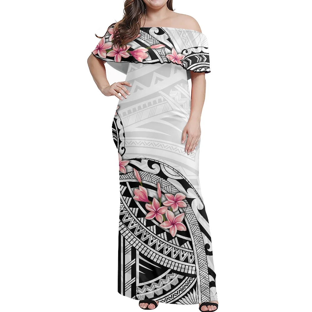 

Hycool Polynesian Tribal Print Off The Shoulder White Women Dress 7xl Long Bodycon Elegant Casual Party Women Lady Fashion Dress
