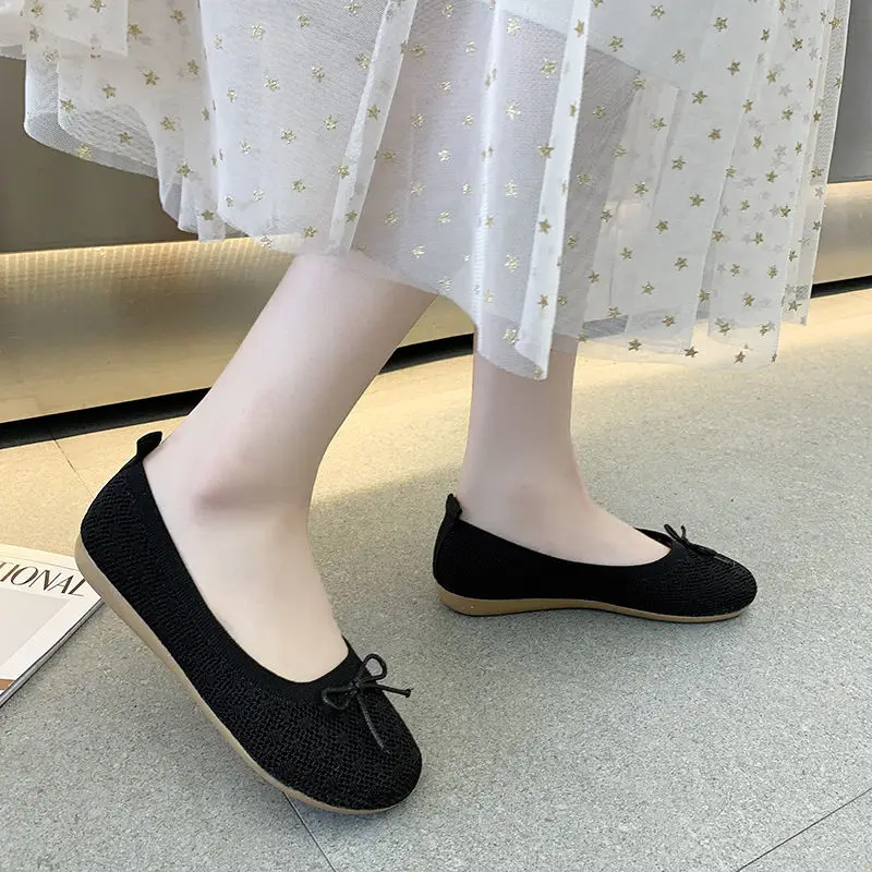 Yellow Knitted Loafers Women's Summer Breathable Flats Woman Slip On Shoes Ultra Light Moccasins Ladies Shallow Shoes With Lace
