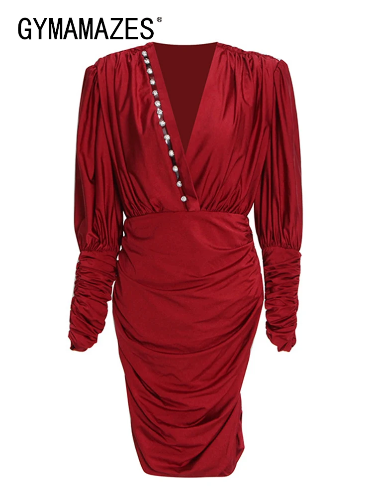 

Женское облегающее платье со стразами GYMAMAZES, однотонное мини-платье с V-образным вырезом и длинным рукавом, модная одежда 2022