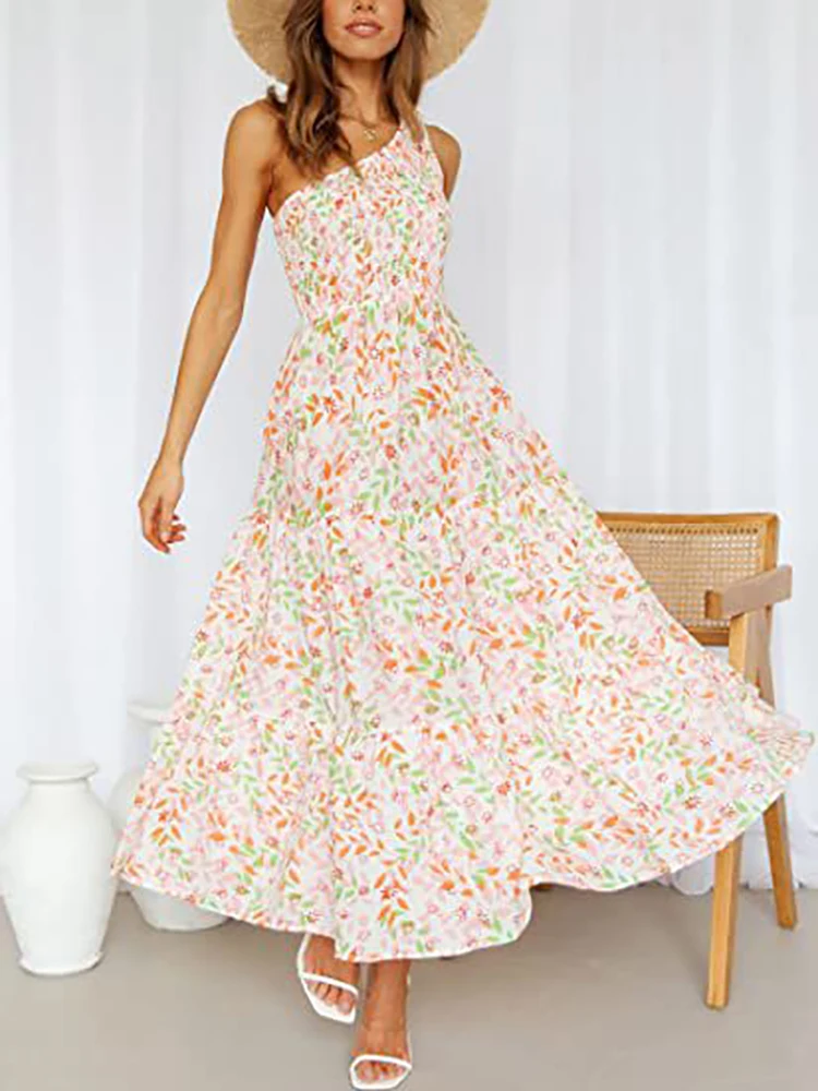 

Fitshinling One Shoulder Party Midi Dresses Women Print Floral Sleeveless Summer Dress Female Clothing A-line Slim Sexy Vestidos