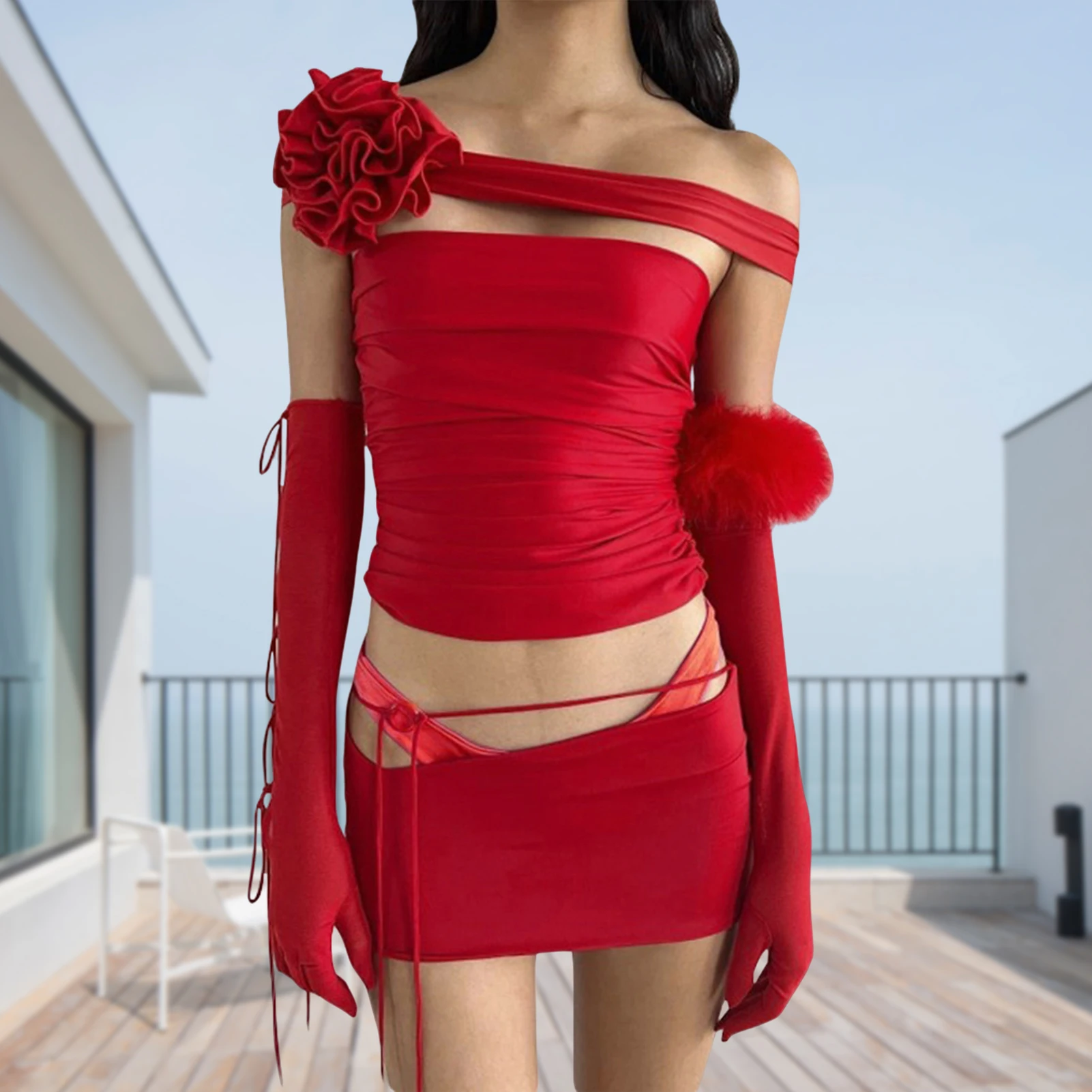 

Облегающие укороченные топы с 3D цветами, блузка без бретелек с открытыми плечами, Модные Простые Топы в европейском стиле, однотонная уличн...