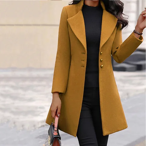 Осень-зима 2023, новое шерстяное пальто, женская однобортная куртка желтого и черного цвета с воротником-стойкой, облегающая куртка в Корейском стиле, женская