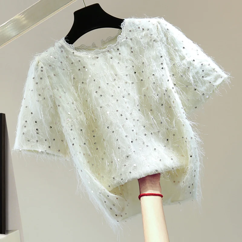 

Women Sequins Shirt 2023 Summer Korean Style Loose Chiffon Shirts Fashion Sequined Tassel Shinny Blouse for Women Blusas Femme