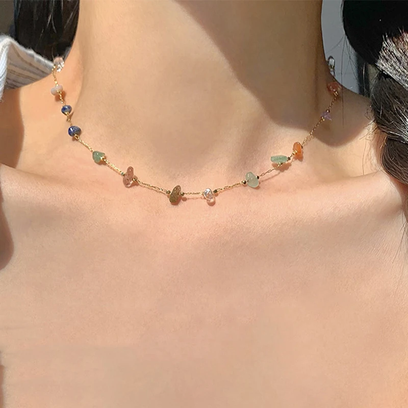

Trendy Cute Sweet Natural Stone Necklace For Women Girls Summer Simple Crystal Clavicle Chain Choker Necklace New Jewelry Gift