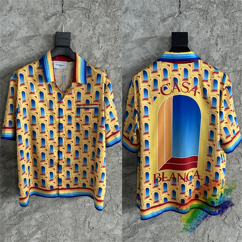 

Желтая рубашка с цветами Касабланки для мужчин и женщин, высококачественные Новые Гавайские пляжные шелковые рубашки