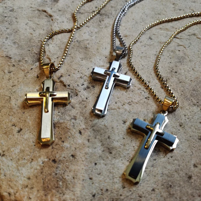 

Stainless Steel Cross Necklace Men Three Layer Christian Jewelry Pendant Necklace Vintage Jewelry Wholesale Gift Men Necklaces