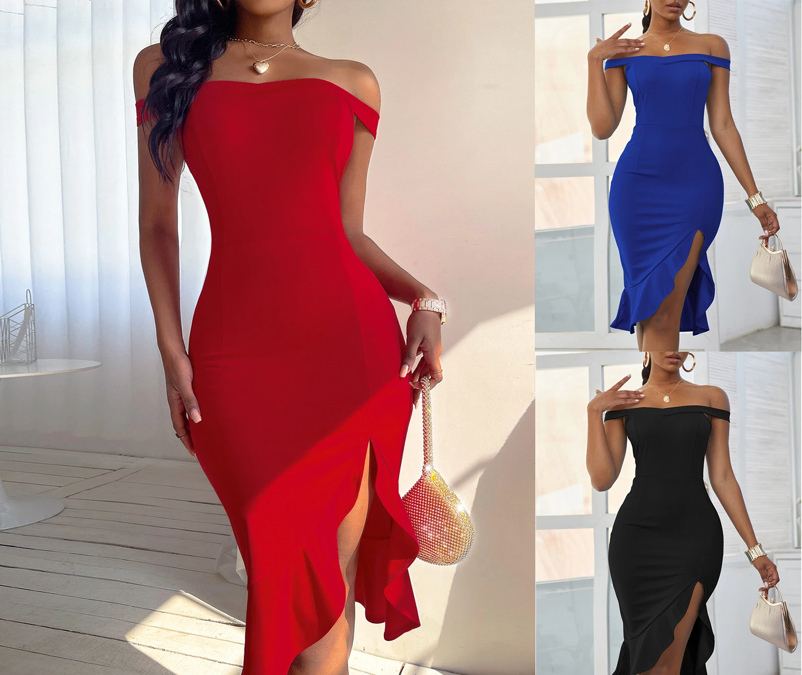 

2023 Spring and Summer New Style One Word Neck Dress Women's Fashion Split Dress Evening Party Sexy Dresses Female & Lady