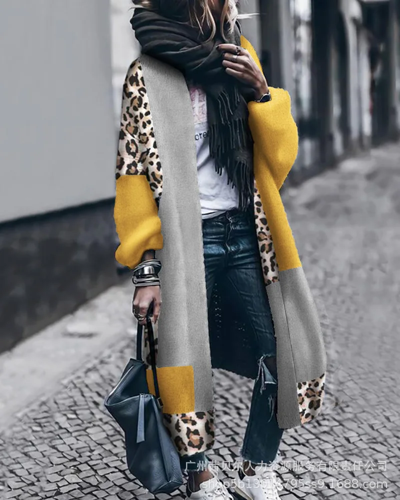

Cheetah Leopard Print Colorblock Longline Cardigan Women Long Loose Open Kniwear Cardigan Fashion Casual Autumn Winter