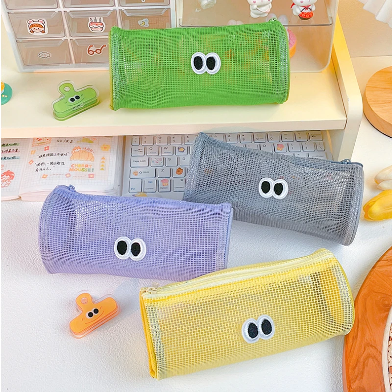 

Ins cylindric Candy Color Cute Big Eyes Mesh Storage Bag Makeup Bag Cosmetic Bag Student Large Capacity Pen Bag Stationery Bag