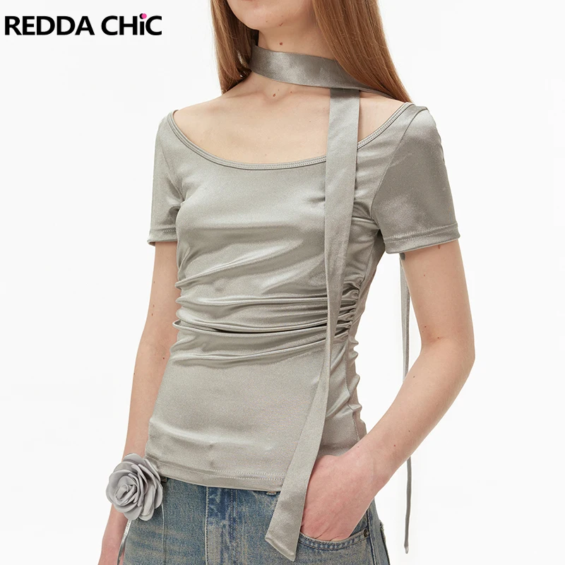 

REDDACHiC Belt Scarf Women Tank Top Metallic Silver Prom Cyberpunk Y2k Vintage Side Pleats Short-sleeved T-shirt Summer Clubwear