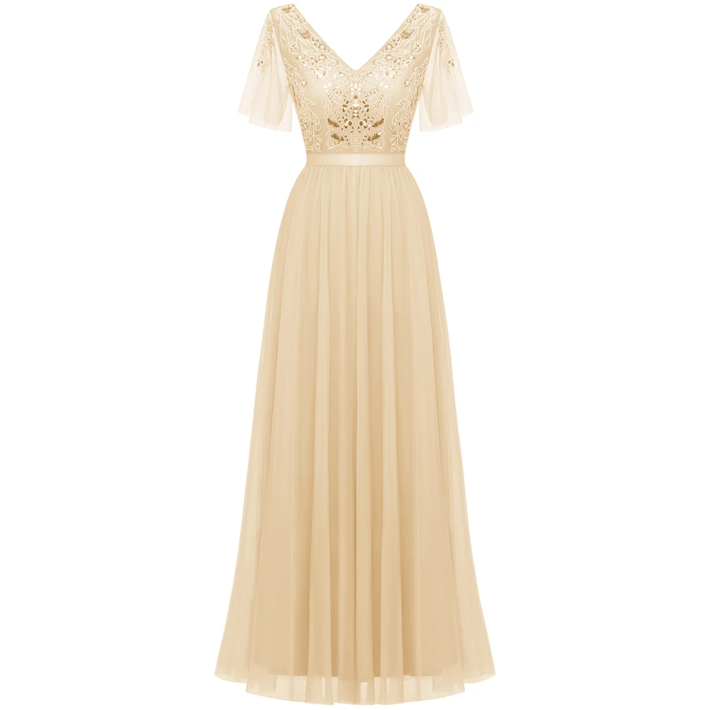 

Женские Элегантные платья для свадебной вечеринки, платья подружки невесты с рукавом-бабочкой, вечернее платье с жемчужинами и бусинами