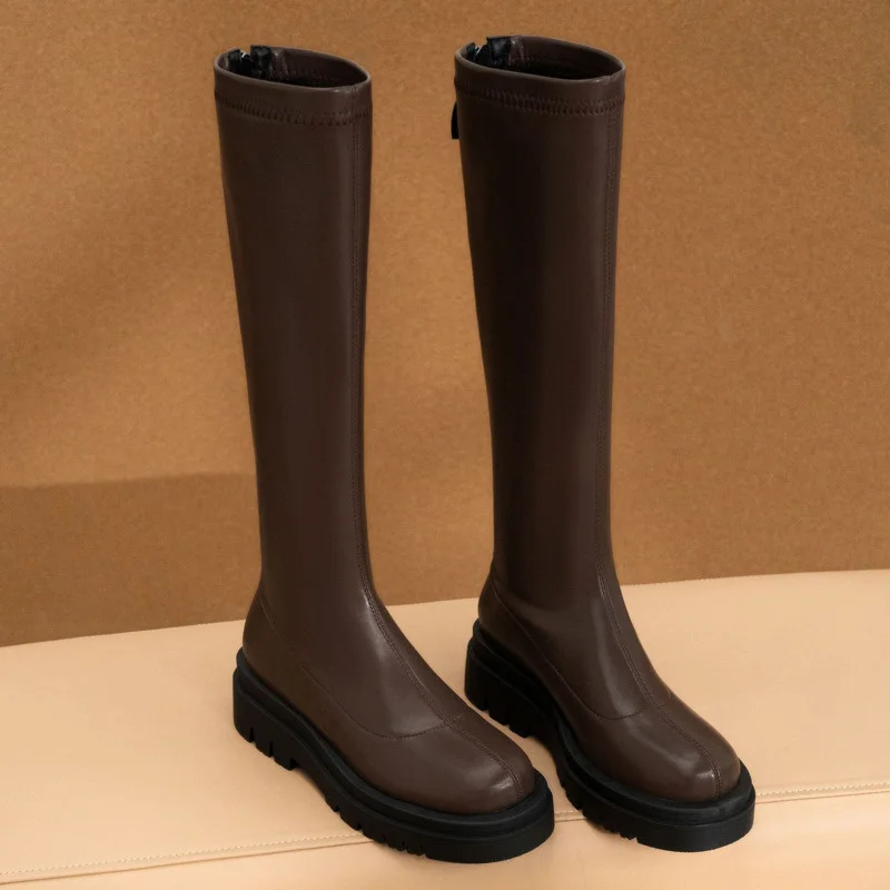 

Fashion Women Boots Platform Round Toe Pu Low Heels Zipper Women's Elastic Boots Spring Autumn Woman Boots Knee High Boots