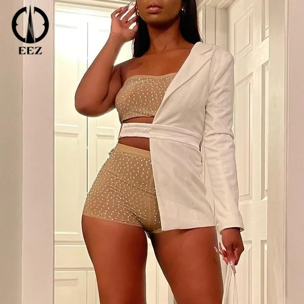 

White Long Sleeve Belt Irregular Top For Women Belt Waist Sexy Femmal Blazer Single Sleeve Lapel Jackets Unique Club Outfits