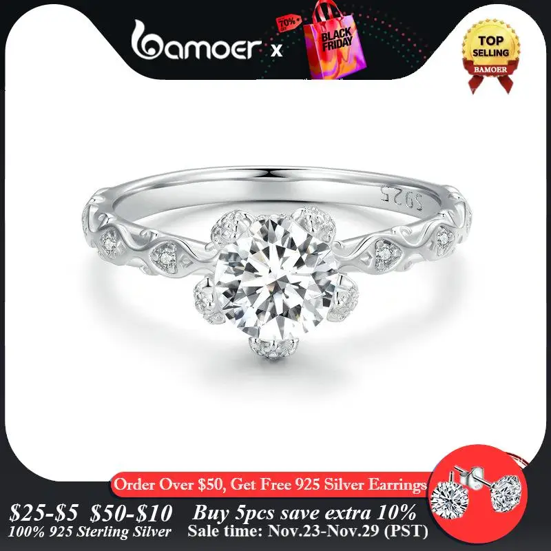 

BAMOER 1.0CT D Color VVS1 EX Delicate Moissanite Ring Pave Setting CZ 925 Sterling Silver Ring for Women Engagement Wedding Gift