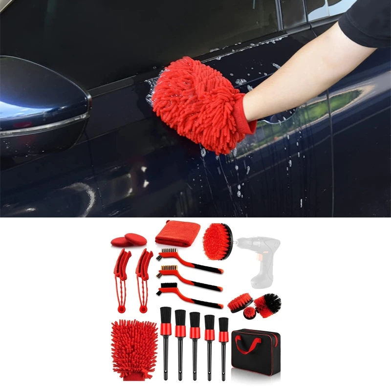 

19Pcs Auto Detailing Brush Set for Cleaning Wheels Interior Exterior Leather Including Drill Detailing Brush Wax Pads