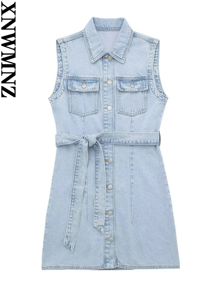 

Платье женское джинсовое с поясом, без рукавов, на пуговицах спереди