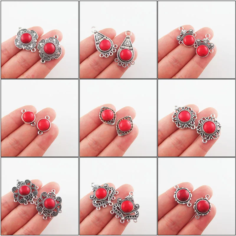 

Retro Tibetan Silver Plated Teardrop Flower Eye Heart 10mm Round Red Turquoise Stone Charms Pendant Connectors