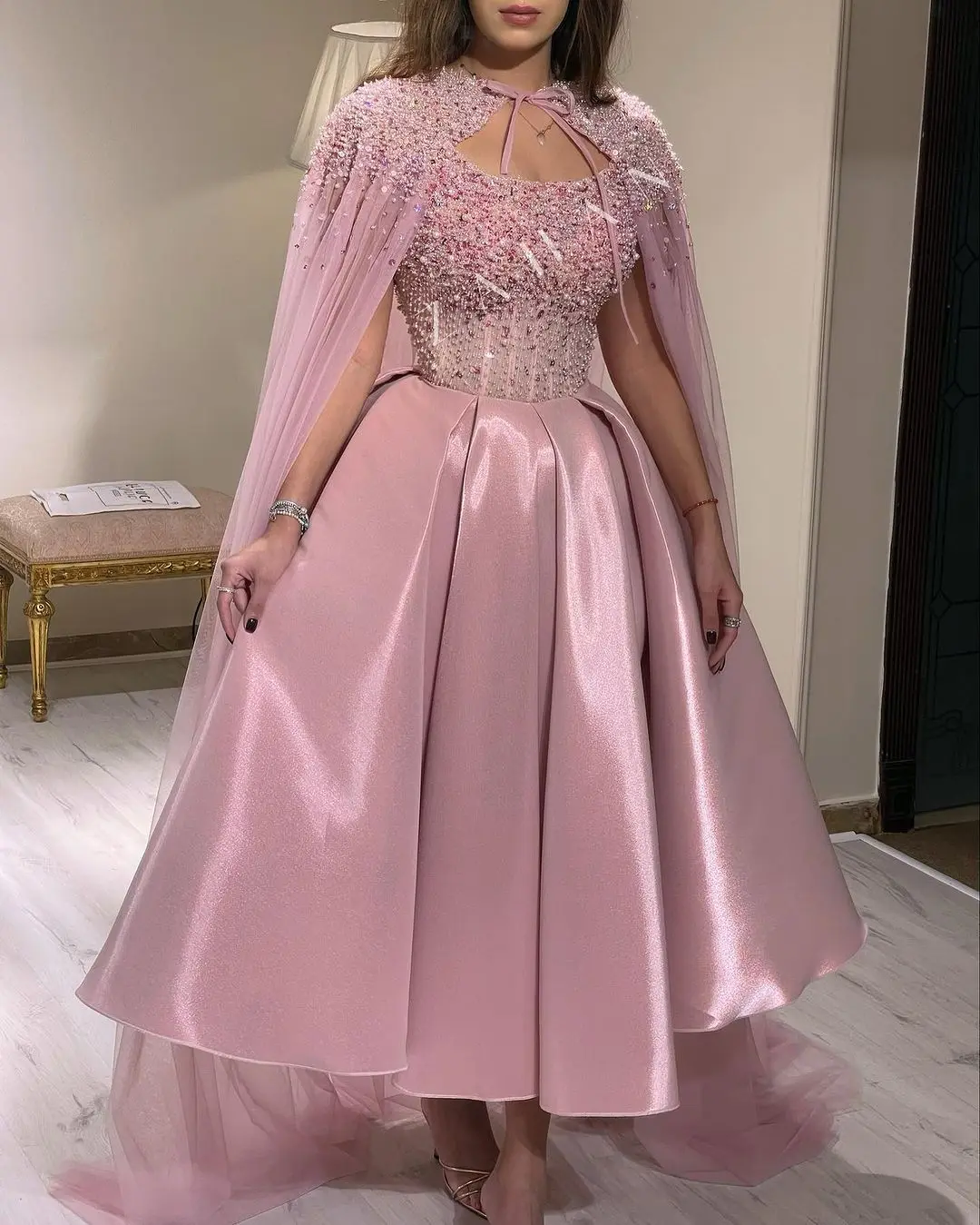 

A-Line Pink Princess Long Prom Dresses Strapless Capped Sleeves Beadings Ankle Length Saudi Arabia Women Evening Party Dress