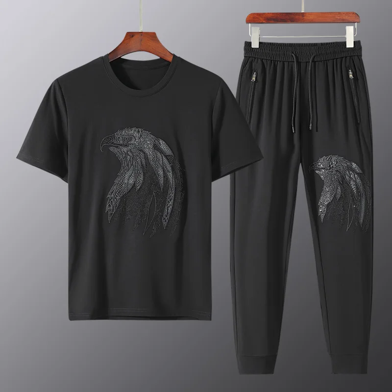 

Summer ice silk personalized eagle carving pattern suit men's leisure sports two-piece suit