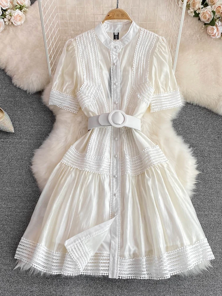 

Fitaylor Summer Women O-neck Single Breasted Knee-Length Dress Office Lady Solid Dress Empire Slim A-line Dress with Belt