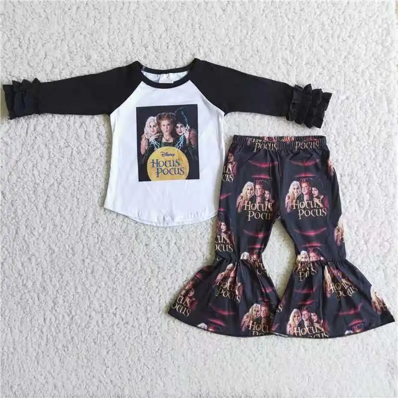 

toddler girls clothing sets cartoon black top +Flared trousers set designers kids clothes