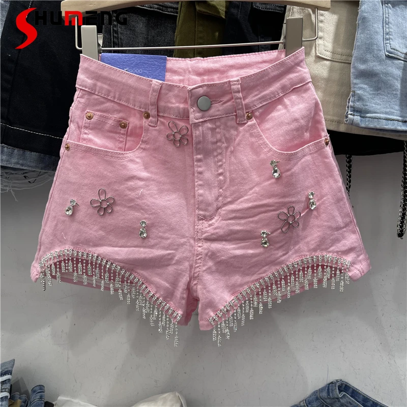 

Женские летние розовые шорты с широкими штанинами, джинсовые шорты, новинка 2022, женские декоративные джинсовые шорты для отдыха с высокой т...