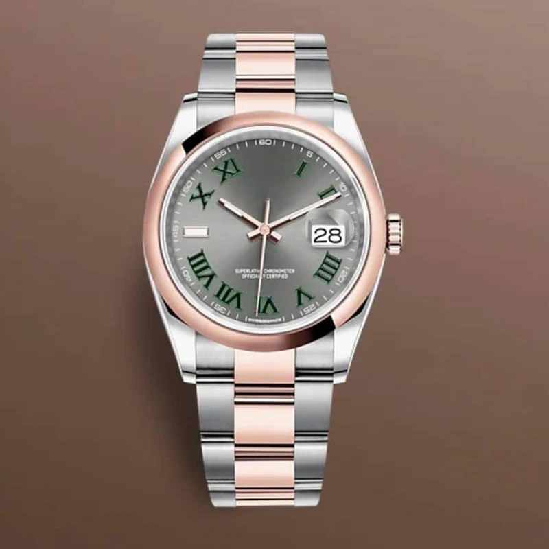 

Luxury Mens Women Watch 36mm Waterproof Rose Gold Sapphire Crystal Green Roma Number Stainless Steel Male Wristwatches