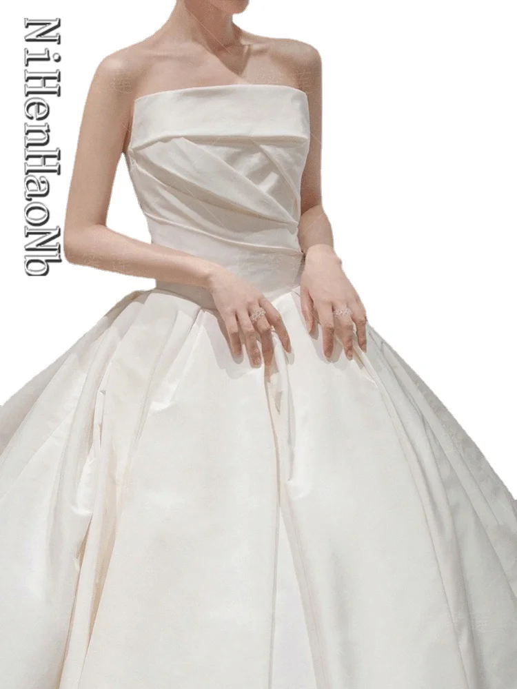 

Satin Ball Gown Wedding Dress Classic Vestidos Novia Strapless Robe Mariage