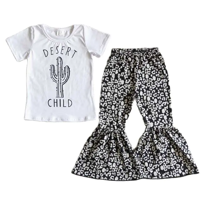 

A4-16 одежда для маленьких девочек, белая футболка с рисунком молочного шелка и кактуса, топ с серыми черными штанами-колокольчиками, наряд, де...