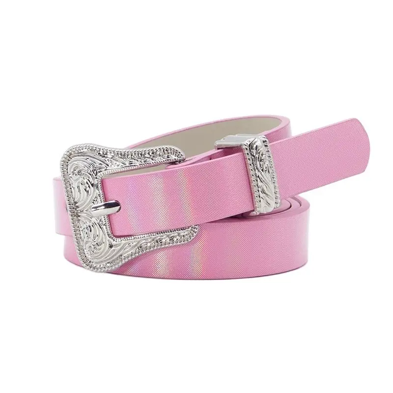 New Fashion Laser Pink Silver Women's Thin Belt Personality Pattern Carved Pin Buckle PU Belt 2023 Summer