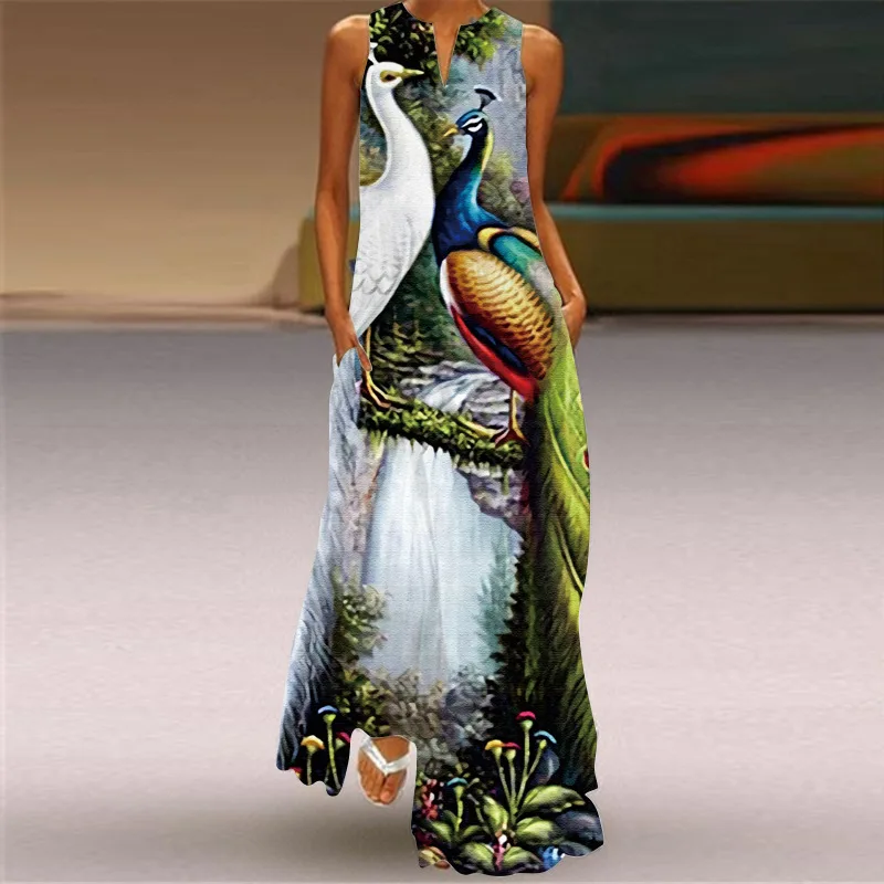 

Женское пляжное платье без рукавов с принтом павлина, Элегантное макси-платье в стиле бохо с V-образным вырезом, летние праздничные платья, новинка 2023