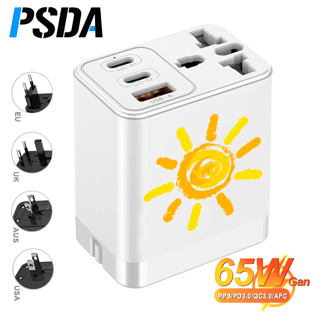 

PSDA 3D UV 65W GaN Travel Plug Adapter with 2USB-C PD and 1USB-A Worldwide Universal Charger UK EU AU US Converter for Laptops