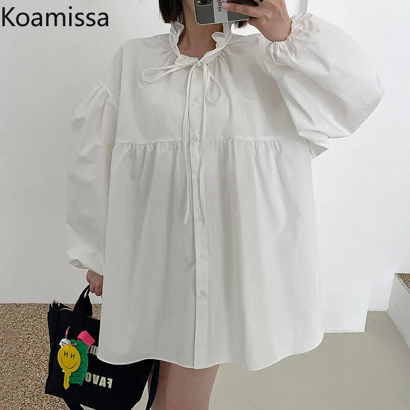 

Женское Короткое платье-рубашка с оборками Koamissa, модное однобортное платье в Корейском стиле с длинным рукавом, весна-осень