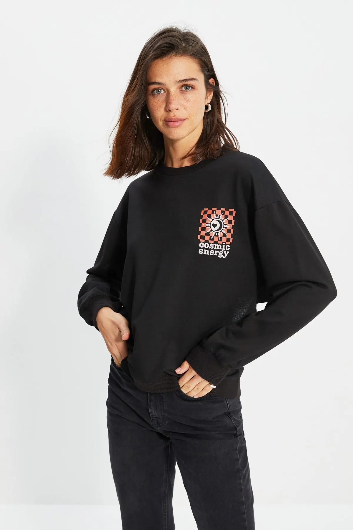 

Женский свитшот, черные базовые вязаные толстовки с вырезами и принтом, модные всесезонные Новые пуловеры, флисовый Свитшот