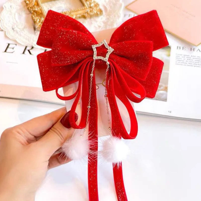Красный бархатный бант украшение для волос круги заколки Рождество Новый Год